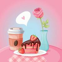 Romantic breakfast with coffee in a paper cup, strawberry cake with chocolate on the plate and pink rose in a vase on a table with pink tablecloth vector