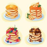 A set of sweet pancakes of different flavors on plates with honey and butter, with orange, with berries and sauce, with chocolate syrup and nuts. Pancakes for the bakery menu vector