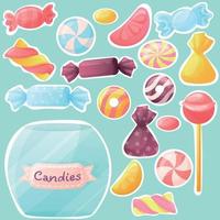 A set of different candies in a jar. Yellow, blue and purple sweets in nice shades. Set of stickers with sweets. A set of stickers for a candy shop. Wrapped sweets, lollipops and chupa chups vector