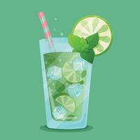 mojito cóctel en un vaso con un Paja y con Lima, menta hojas, hielo y burbujas verano póster con mojito en verde antecedentes. no alcohólico verano cóctel en un vaso vector