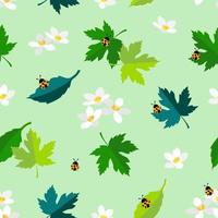 Spring seamless pattern with blooming white flowers and ladybug on pastel green background vector