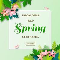 Spring sale background with colorful leaves and flowers on paper art style for shopping promotion,poster,leaflet or web banner vector