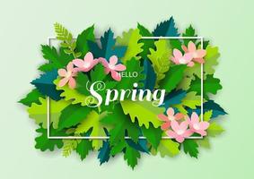 Paper art of Hello Spring in white frame with green leaves and pink flowers on pastel background vector