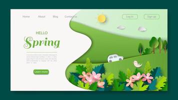 Spring landing page on paper cut and craft style vector