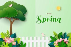 Paper art of Hello Spring with cute birds happy on spring garden vector