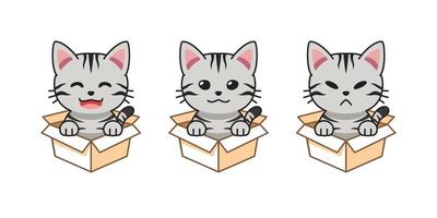 Vector cartoon illustration set of american shorthair cat showing different emotions in cardboard boxes