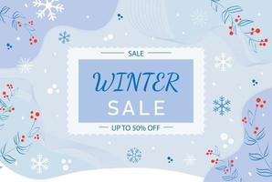 póster invierno venta, modelo con ramas y copos de nieve vector