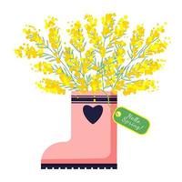 Pink rubber boot with mimosa flowers. Spring invitation card. vector