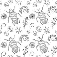 Seamless pattern with beetle and hand drawn plants. vector