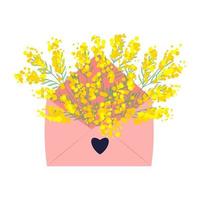 Pink envelope with mimosa flowers. 8 March invitation card. vector