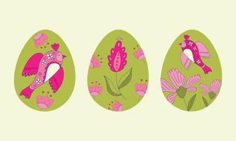 contento juego de pascua de Pascua de Resurrección huevos con aves y flores en un blanco fondo.primavera día festivo. vector