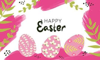 Happy Easter banner. Trendy Easter design with hand painted strokes and dots, eggs in pink and green colors. vector