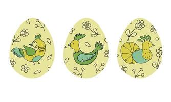 contento juego de pascua de Pascua de Resurrección huevos con aves y flores en un blanco fondo.primavera día festivo. vector