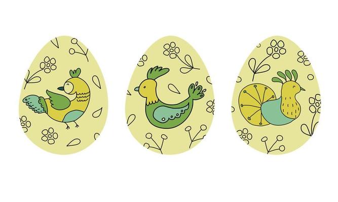 Happy Easter.Set of Easter eggs with birds and flowers on a white background.Spring holiday.