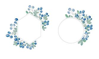 Watercolor wild berries frame set. Hand drawn floral card design with natural elements blueberry branches and leaves. vector