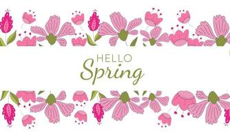 Hello Spring season background with pink flowers for greeting card, invitation template. vector