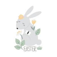 easter. cartoon, bunny, flowers, hand drawing lettering, decor elements. festive colorful vector illustration. Design for greeting cards, decoration posters, covers.