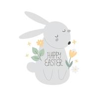 happy easter. cartoon, bunny, flowers, hand drawing lettering, decor elements. festive colorful vector illustration. Design for greeting cards, decoration posters, covers.