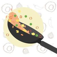 Tasty fried rice or nasi goreng in a wok pan with spices flat design illustration vector