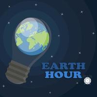 Earth hour poster with the world globe in the lightbulb. Blue space background vector