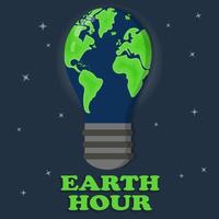 Earth hour poster with the world globe in the lightbulb. Blue space background vector