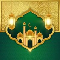 islamic background greeting golden pattern with lantern and mosque vector design