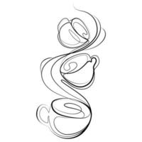 Continuous Line Three cups mugs of hot drink with Steam Vector illustration on white background.Line art sketch drawing of flying tea cups or coffee creative idea for emblem,logo,icon,print design