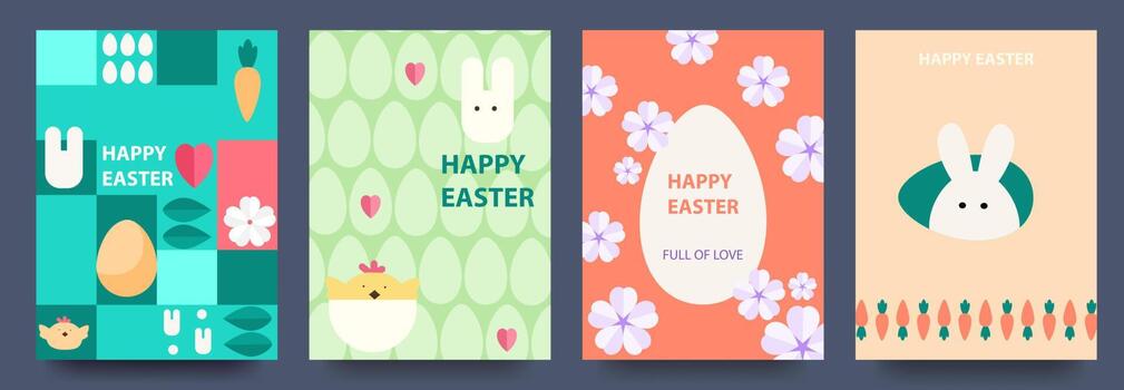 Easter. Set of vector Easter cards. Easter eggs, rabbit, patterns. Modern geometric abstract style.Vector illustration