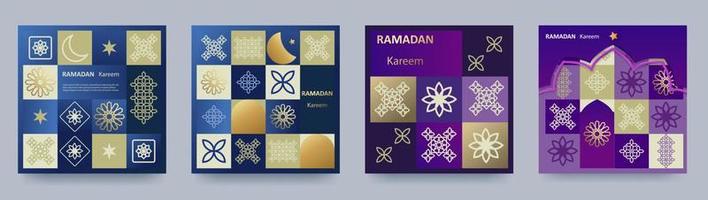 Ramadan Kareem poster, holiday greeting card set. Islamic postcard, banner template. Modern design with geometric pattern and traditional ornaments in blue, gold, purple. Vector