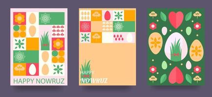 A set of postcards with the Novruz holiday. Novruz Bayram background template. Spring flowers, painted eggs and wheat germ. Geometric mosaic. Vector illustration