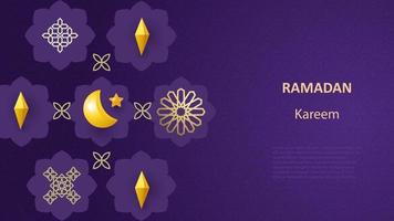 Ramadan Kareem poster. Islamic postcard, banner template. A modern design with a geometric pattern and traditional ornaments in gold and purple. Vector illustration
