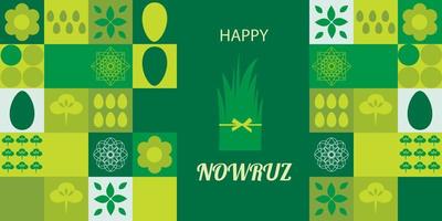Postcard with Novruz holiday. Novruz Bayram background template. Spring flowers, painted eggs and wheat germ. Geometric mosaic. Festive banner. Vector