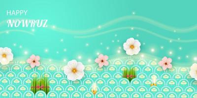 Postcard with Novruz holiday. Novruz Bayram background template. Spring flowers, painted eggs and wheat germ. Festive banner. Vector illustration