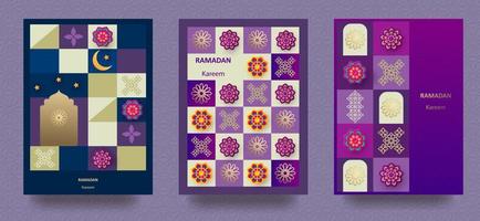 Ramadan Kareem poster, holiday greeting card set. Islamic postcard, banner template. Modern design with geometric pattern and traditional ornaments in blue, gold, purple. Vector illustration