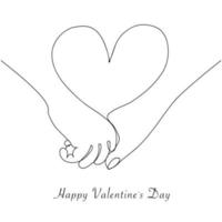 Valentine's Day greeting card. Two hands and a heart drawn in one line. Isolated on a white background. Vector illustration