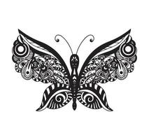 Decorative element in the form of a butterfly in the style of a zentangle style. Template for the design of postcards, T-shirts, posters, tattoos, henna drawings. Coloring book for children and adults vector