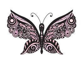 Decorative element in the form of a butterfly in the style of a zentangle style. Template for the design of postcards, T-shirts, posters, tattoos, henna drawings. Coloring book for children and adults vector