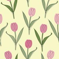 Seamless pattern of tulips drawn in one line. Vector illustration isolated on yellow background.