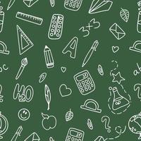 Seamless pattern of school supplies on a green background. Back to school. Vector doodle illustration.