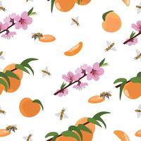 Seamless pattern of peaches and flowering branches. Vector illustration on a white background.