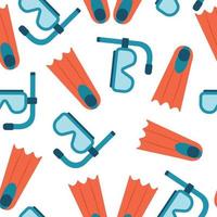 Seamless pattern mask and fins for swimming in a flat style, highlighted on a white background. Diving accessories. Vector illustration.