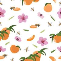 Seamless pattern of peaches and flowers. Vector illustration on a white background