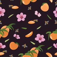 Seamless pattern of peaches and flowers. Vector illustration on a dark background