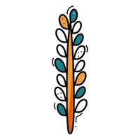 Bright leaves on a branch doodle icon. Hand drawn sketch of a field plant. Green and orange Vector clipart isolated on white