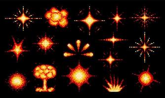 Atomic bomb, dynamite fire blast pixel explosions vector