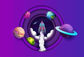 Space paper cut rocket launch and galaxy planets vector