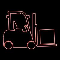 Neon cargo loading machine forklift truck for lifting box goods in warehouse fork lift loader freight red color vector illustration image flat style