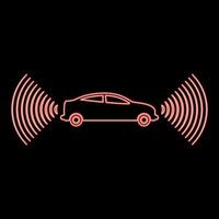 Neon car radio signals sensor smart technology autopilot front and back direction red color vector illustration image flat style