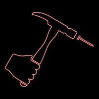 Neon hammer hits nail in hand claw holding Fixing and repairing working tools red color vector illustration image flat style