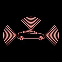 Neon car radio signals sensor smart technology autopilot all direction red color vector illustration image flat style